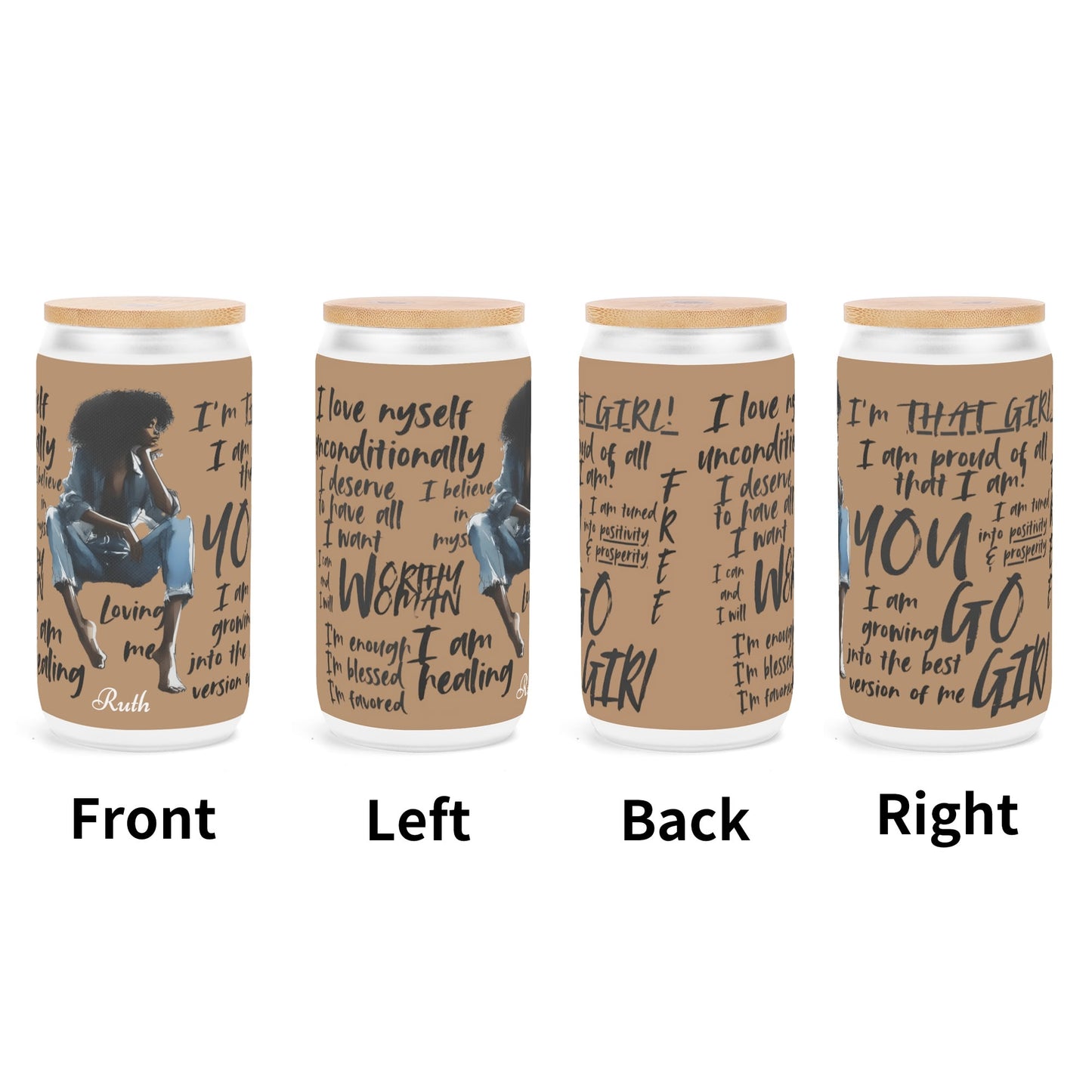 Frosted 16oz Glass Cups with Bamboo Lid Beer Can Tumbler