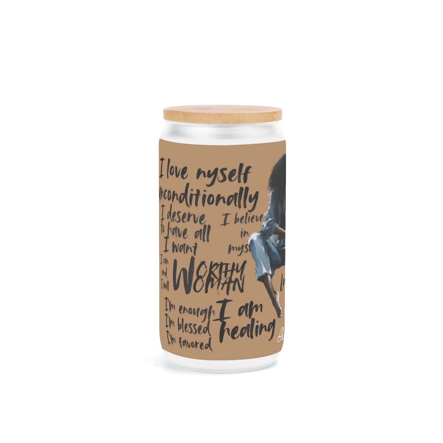Frosted 16oz Glass Cups with Bamboo Lid Beer Can Tumbler