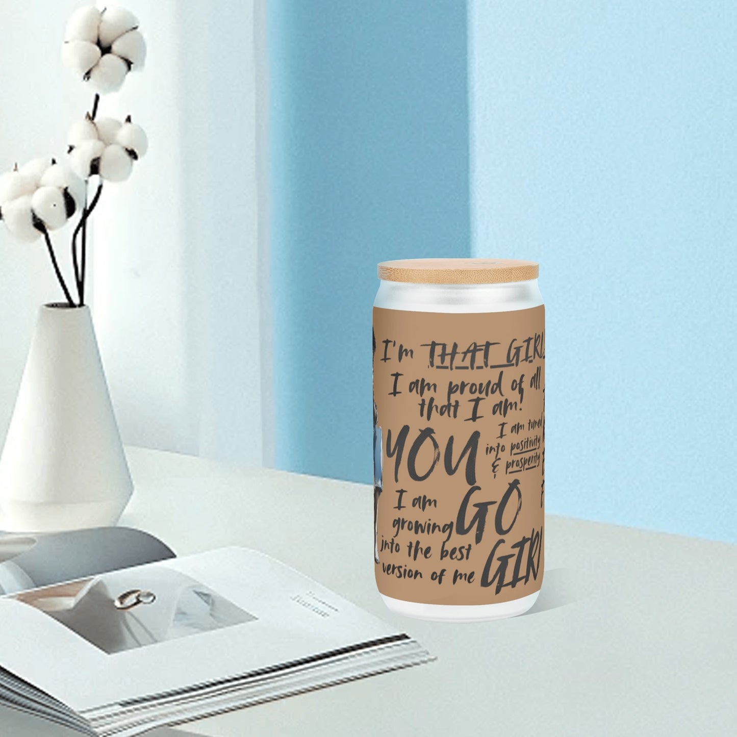 Frosted 16oz Glass Cups with Bamboo Lid Beer Can Tumbler