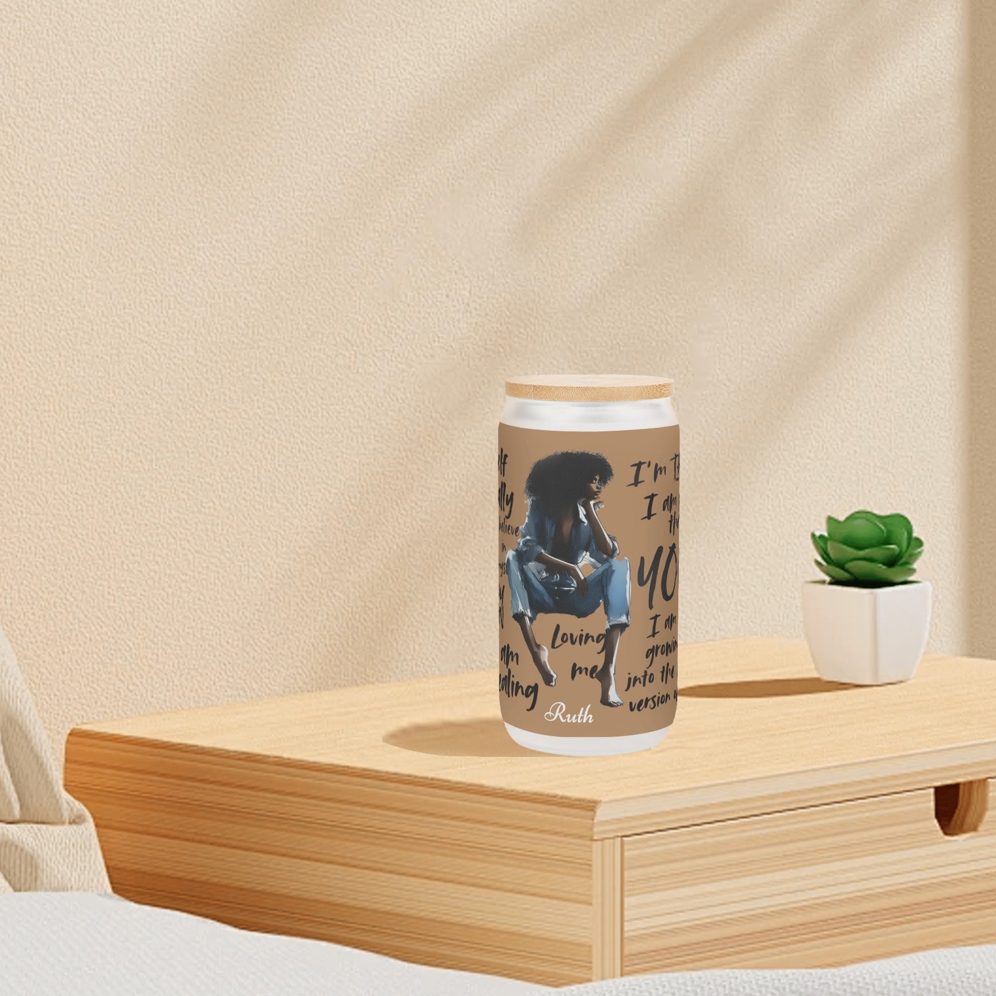 Frosted 16oz Glass Cups with Bamboo Lid Beer Can Tumbler