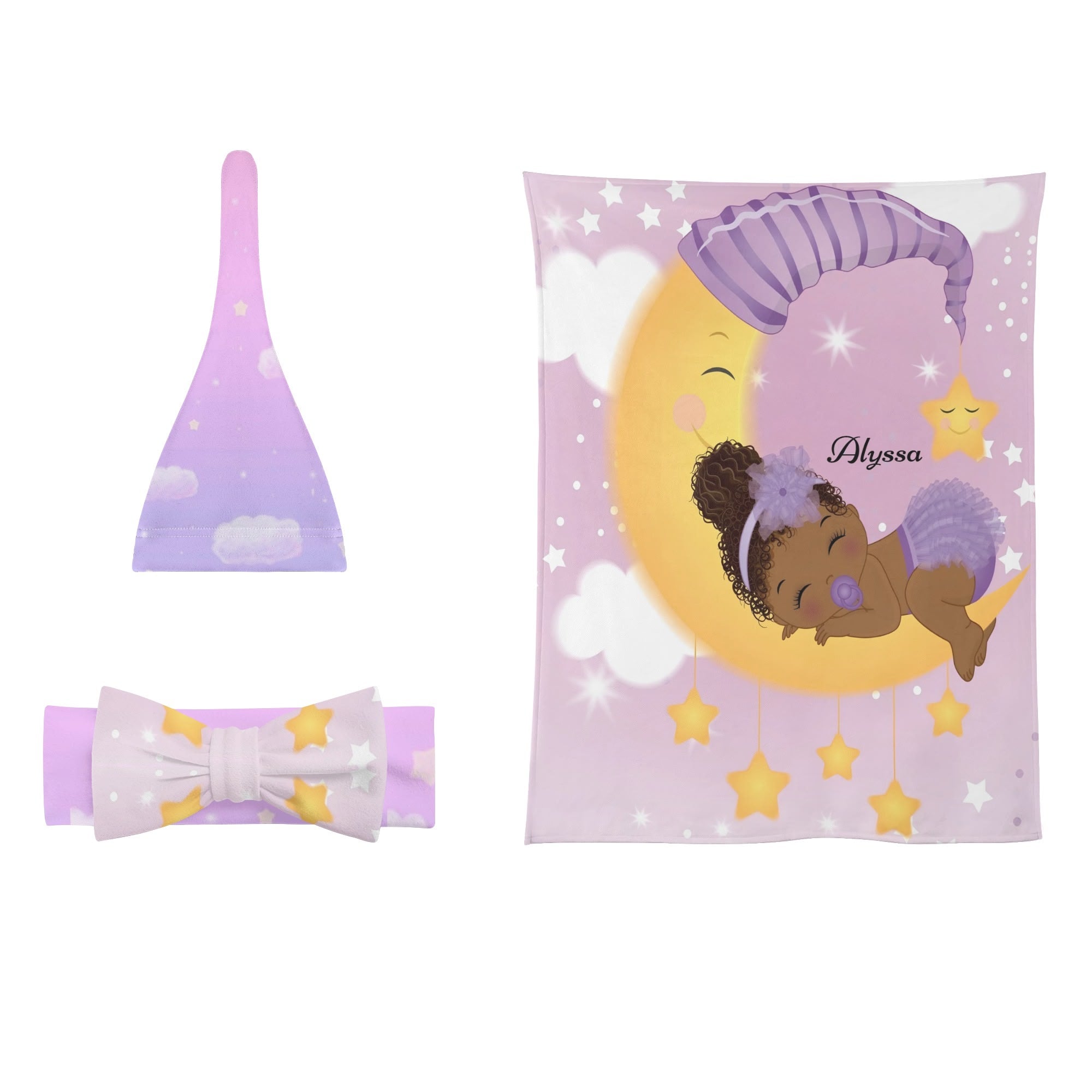 Personalized Baby Newborn 3 Pcs for Beanie Baby Hat Hairband Blanket