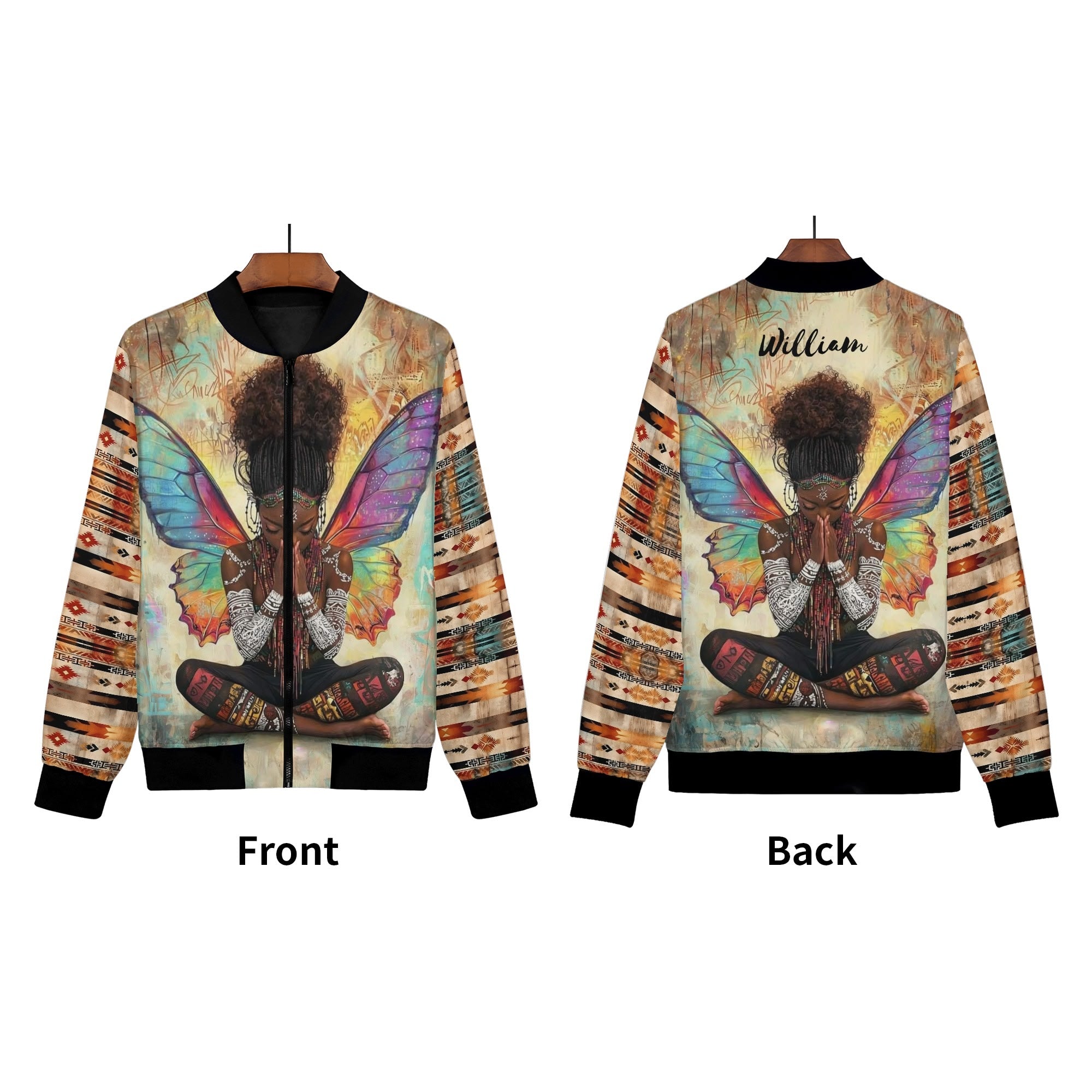 Black Butterfly Zip Up Print Bomber Jacket